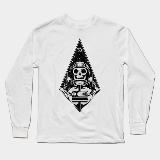 Skull Astronaut Blackwork Tattoo Art Long Sleeve T-Shirt by Alundrart